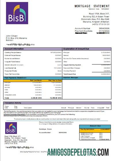 Declaração de hipoteca do Banco BISB do Bahrein Scr amostra
